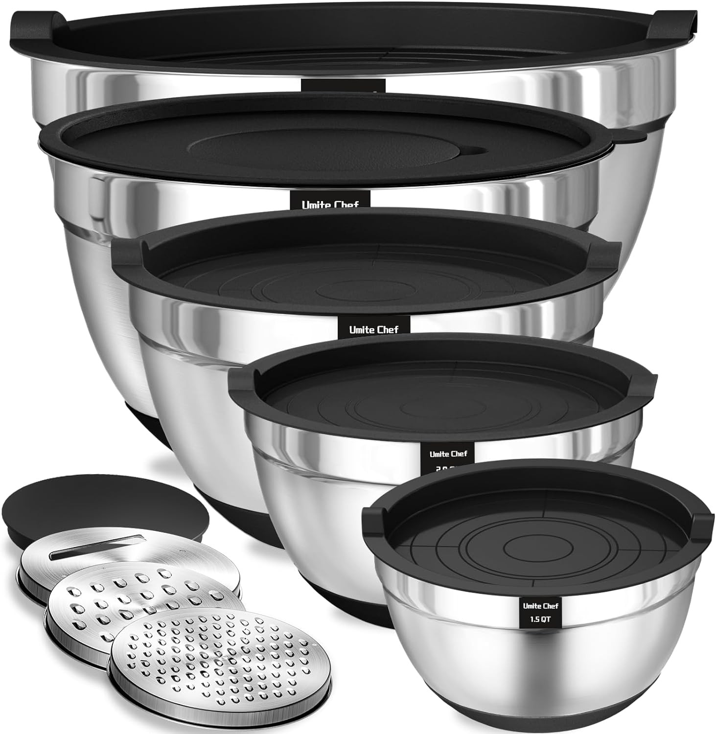 Umite Chef Mixing Bowls with Airtight Lids, 8PCS Stainless Steel Nesting Mixing Bowls Set, 3 Grater Attachments & Non-Slip Bottoms, Black Kitchen Bowls, Size 5, 4, 3.5, 2, 1.5QT for Baking & Serving