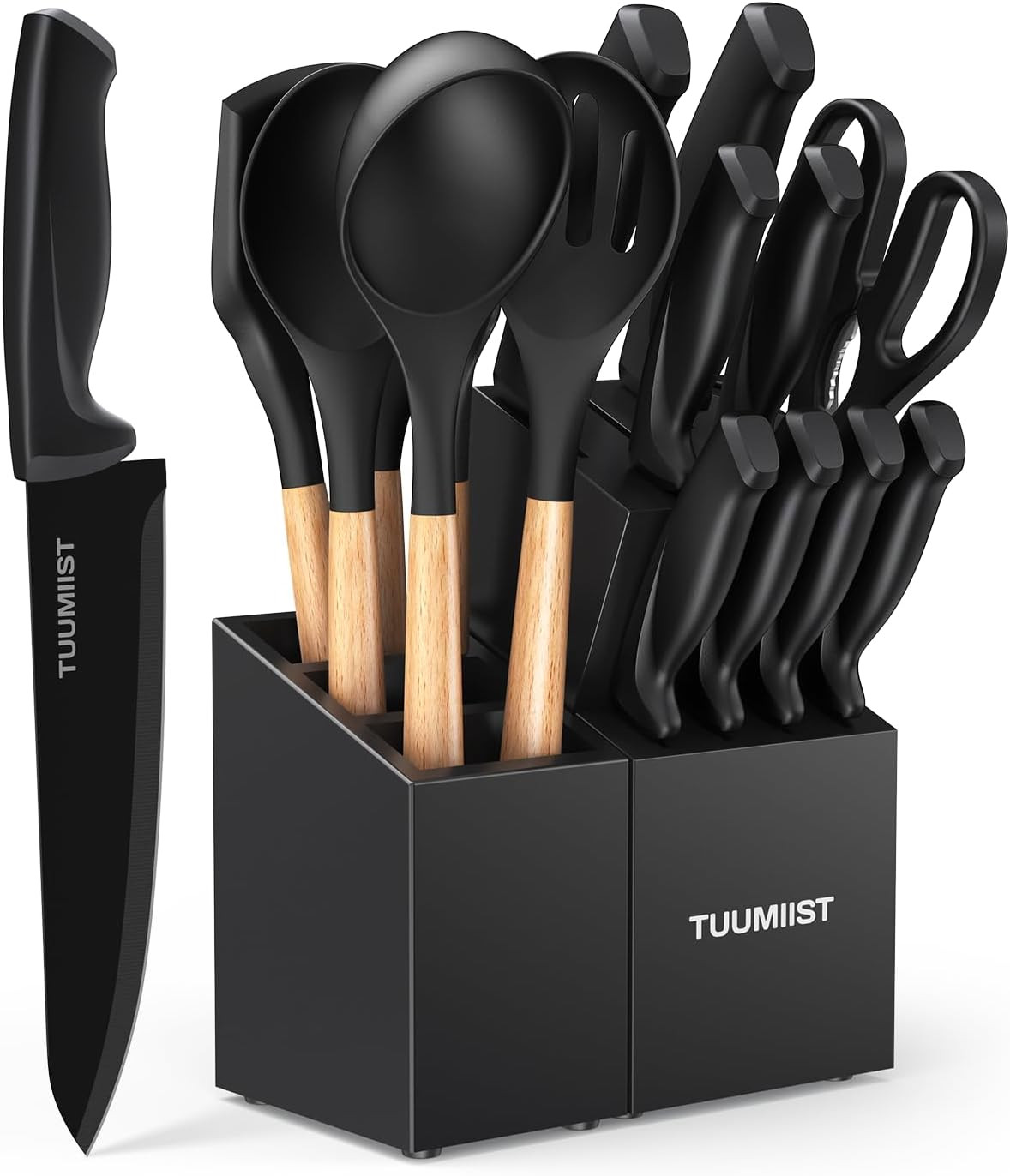 Knife Set, TUUMIIST 18PCS Kitchen Knife Sets with Block and Sharpener, Kitchen Utensils Set, Removable Utensil Holder (Black)-Precision Cutting, Effortless Sharpening, Convenient Organization